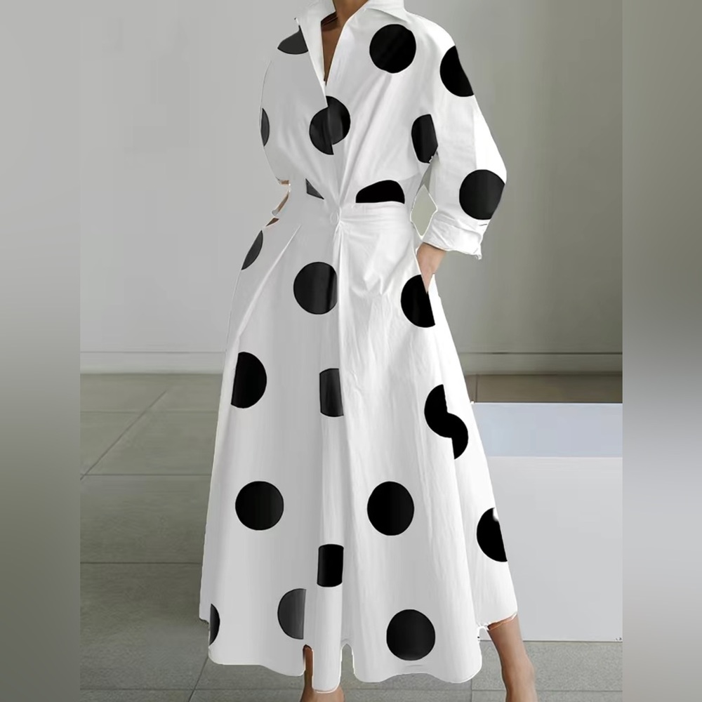 Passion of Essence White Maxi Dress with Black Polka Dots